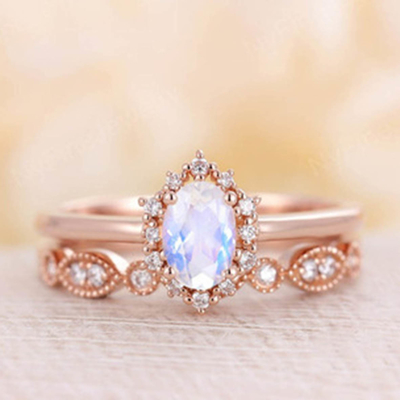 Moonstone naturel bleu Ring Set, 14K Rose Gold Moonstone Stacking Rings
