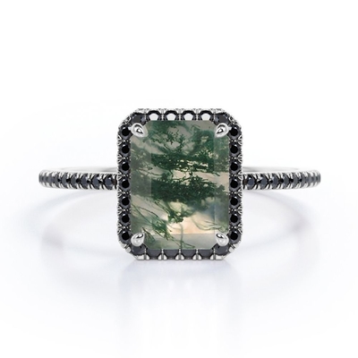 agate de style du halo d'Emerald Cut Moss Green avec l'engagement créé par laboratoire Ring With Pave Accents