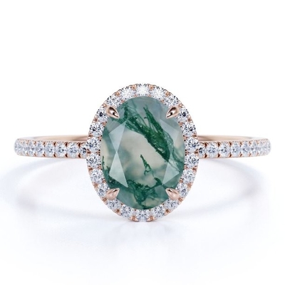 Moss Green Agate And Moissanite dendritique blanc laiteux naturel ové pavent la bague de fiançailles de halo