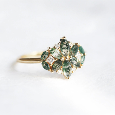 Anneau naturel de groupe de mariage de la CZ de fleur de Moss Agate Flower Shape Marquise