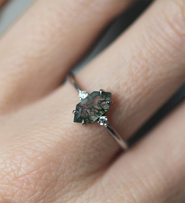 Moss Agate Ring véritable vert, belles femmes de pierre gemme sonnent
