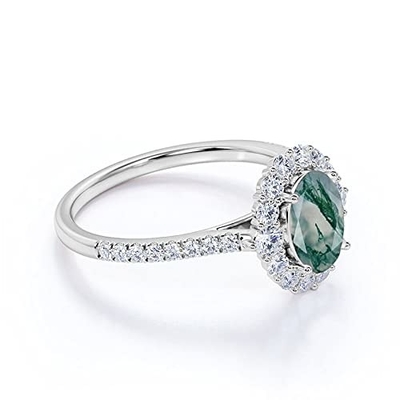 Engagement ovale Ring Green Gemstone de halo de Moss Agate Moissanite Diamonds Floral