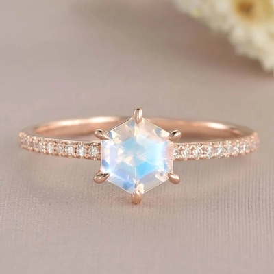 Bague de fiançailles de Moonstone de bijoux de Rose Gold Hexagon Shaped Wedding
