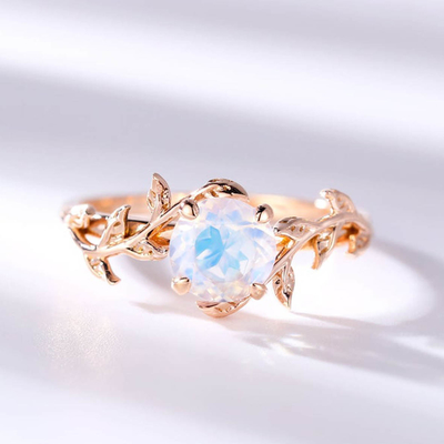 coupe de rond de fleur de feuille de 14K Rose Gold Moonstone Wedding Rings