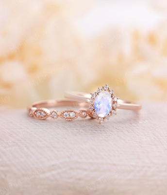 Moonstone naturel bleu Ring Set, 14K Rose Gold Moonstone Stacking Rings