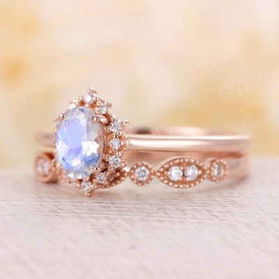 Moonstone naturel bleu Ring Set, 14K Rose Gold Moonstone Stacking Rings