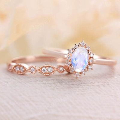 Moonstone naturel bleu Ring Set, 14K Rose Gold Moonstone Stacking Rings