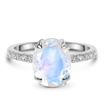 l'ovale de l'or 14K blanc a coupé des anneaux de Ring With CZ d'anniversaire de femmes d'engagement de Moonstone