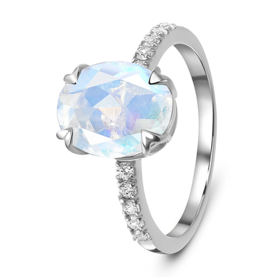 l'ovale de l'or 14K blanc a coupé des anneaux de Ring With CZ d'anniversaire de femmes d'engagement de Moonstone