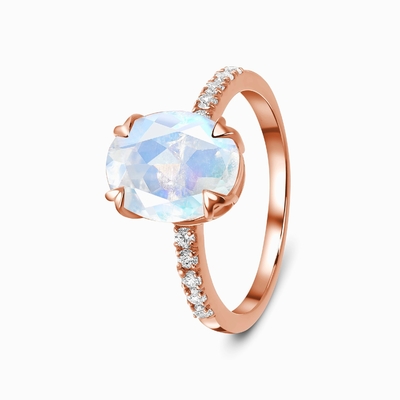 l'ovale de l'or 14K blanc a coupé des anneaux de Ring With CZ d'anniversaire de femmes d'engagement de Moonstone