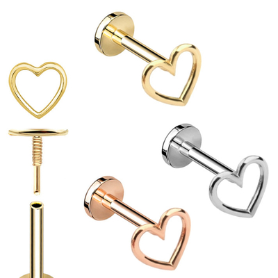 les bijoux perçants d'oreille du coeur 14K décrits par or ont fileté le goujon arrière plat