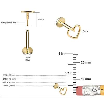 les bijoux perçants d'oreille du coeur 14K décrits par or ont fileté le goujon arrière plat