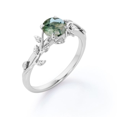 La nature a inspiré Moss Agate Solitaire Engagement Ring vert naturel Forest Ring