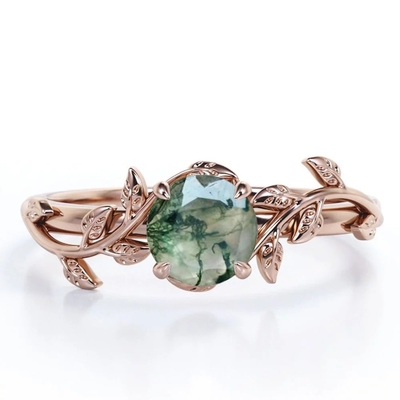La nature a inspiré Moss Agate Solitaire Engagement Ring vert naturel Forest Ring