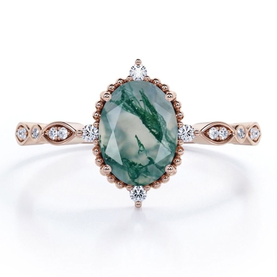 Bague de fiançailles alternative verte naturelle ovale de Moss Agate Artsy - anneau l'épousant fait main