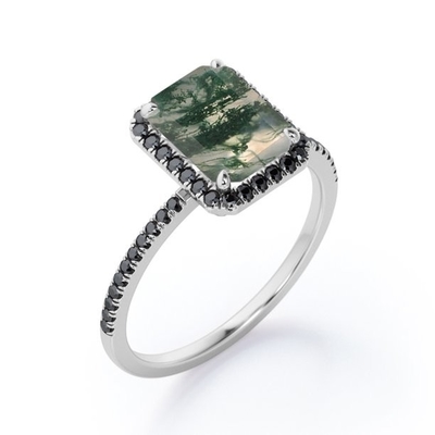 agate de style du halo d'Emerald Cut Moss Green avec l'engagement créé par laboratoire Ring With Pave Accents