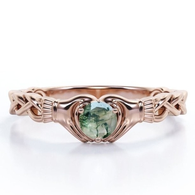 Agate claire de Druzy Moss Green de coupe brillante ronde - bague de fiançailles tressée