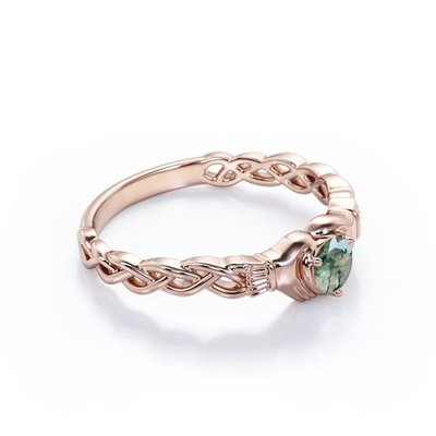 Agate claire de Druzy Moss Green de coupe brillante ronde - bague de fiançailles tressée