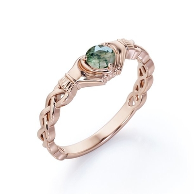 Agate claire de Druzy Moss Green de coupe brillante ronde - bague de fiançailles tressée