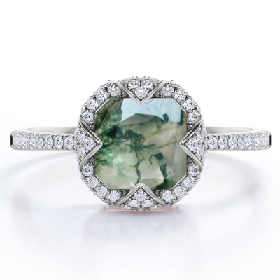 Le groupe Asscher d'encadrement de halo a coupé l'agate laiteuse opaque de Moss Green et Moissanite pavent la bague de fiançailles