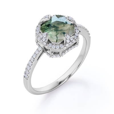 Le groupe Asscher d'encadrement de halo a coupé l'agate laiteuse opaque de Moss Green et Moissanite pavent la bague de fiançailles