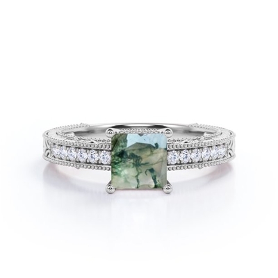 La frontière de princesse Cut Natural Druzy Moss Green Agate And Moissanite Milgrain victorienne pavent la bague de fiançailles