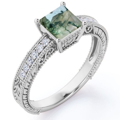 La frontière de princesse Cut Natural Druzy Moss Green Agate And Moissanite Milgrain victorienne pavent la bague de fiançailles