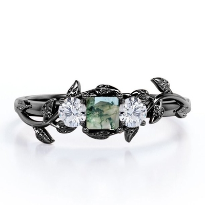Princesse Cut Milky White Moss Green Agate de carat de conception de feuille de branche et électrodéposition de Moissanite au-dessus d'argent