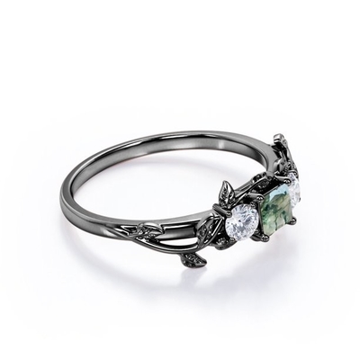 Princesse Cut Milky White Moss Green Agate de carat de conception de feuille de branche et électrodéposition de Moissanite au-dessus d'argent