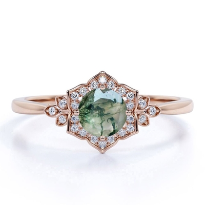 Le rond de fourche de la conception 4 de cru forment la bague de fiançailles florale blanche laiteuse de groupe de Druzy Moss Green Agate And Moissanite