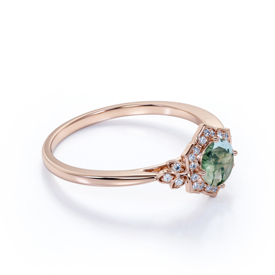 Le rond de fourche de la conception 4 de cru forment la bague de fiançailles florale blanche laiteuse de groupe de Druzy Moss Green Agate And Moissanite