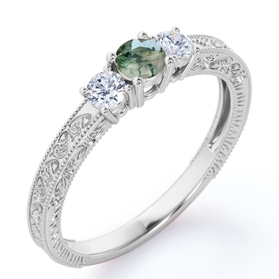 Coupe brillante ronde Moss Green Agate transparent naturel et Moissanite - bague de fiançailles en filigrane découpée de Milgrain