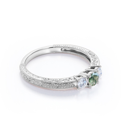 Coupe brillante ronde Moss Green Agate transparent naturel et Moissanite - bague de fiançailles en filigrane découpée de Milgrain