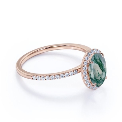 Moss Green Agate And Moissanite dendritique blanc laiteux naturel ové pavent la bague de fiançailles de halo