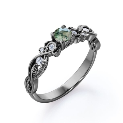 Le solide coupé brillant a finement veiné Moss Green Agate et la bague de fiançailles en filigrane de style victorien de Moisssanite