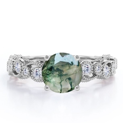 Flux en filigrane de Milgrain autour de bague de fiançailles antique de style de fourche véritable de Druzy Moss Green Agate And Moissanite 4
