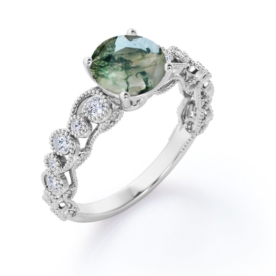 Flux en filigrane de Milgrain autour de bague de fiançailles antique de style de fourche véritable de Druzy Moss Green Agate And Moissanite 4