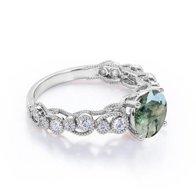 Flux en filigrane de Milgrain autour de bague de fiançailles antique de style de fourche véritable de Druzy Moss Green Agate And Moissanite 4
