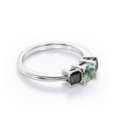 V-fourche carrée minimaliste - 0,45 princesses de TCW Cut Moss Green Agate avec l'engagement de Trois-pierre créé par laboratoire