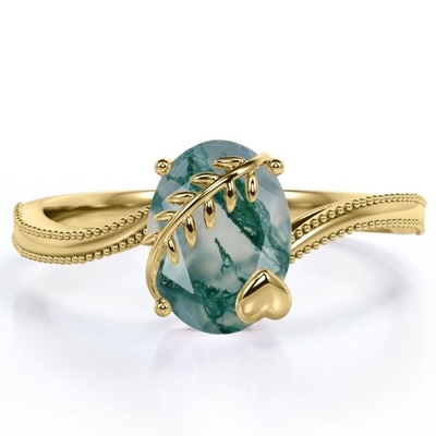 Bague de fiançailles en pierre de Moss Green Agate Leafy Single de coupe ronde en or blanc