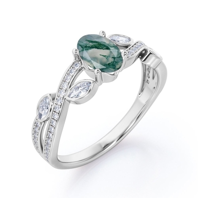 Coupe ovale Moss Green Agate de carat de la pierre 1,1 du classique 7 et anneau de mariage simple de jambe en or blanc
