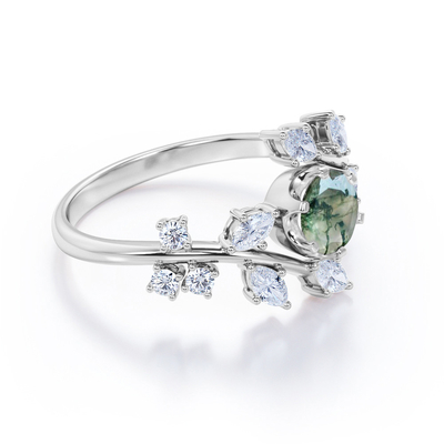 Coupe ronde Moss Green Agate et CZ de Chevron de carat en filigrane du diadème 0,6 épousant Ring Set en Rose Gold
