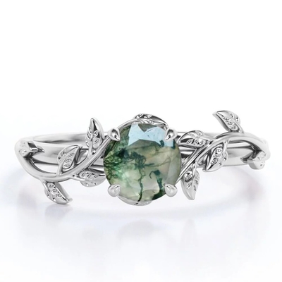 Coupe ovale Moss Green Agate de carat de la pierre 1,1 du classique 7 et anneau de mariage simple de jambe en or blanc
