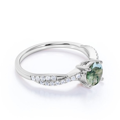 Coupe ronde Moss Green Agate et CZ de Chevron de carat en filigrane du diadème 0,6 épousant Ring Set en Rose Gold
