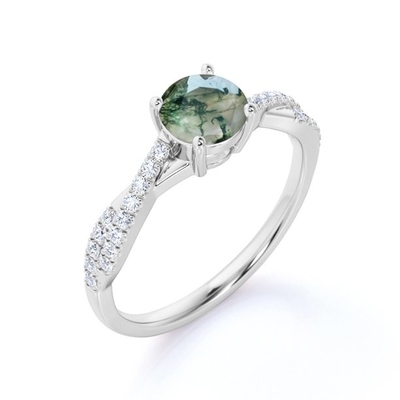 Coupe ovale Moss Green Agate de carat de la pierre 1,1 du classique 7 et anneau de mariage simple de jambe en or blanc