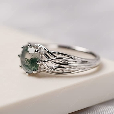 925 Sterling Silver Round Cut 7 millimètres Moss Agate Ring Personalized Promise Ring Abstract Ring pour des femmes