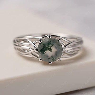 Coupe ovale Moss Green Agate de carat de la pierre 1,1 du classique 7 et anneau de mariage simple de jambe en or blanc