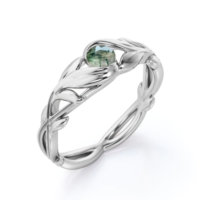 Bague de fiançailles en pierre de Moss Green Agate Leafy Single de coupe ronde en or blanc