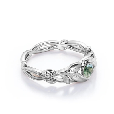 Bague de fiançailles en pierre de Moss Green Agate Leafy Single de coupe ronde en or blanc