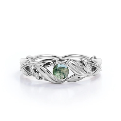 Bague de fiançailles en pierre de Moss Green Agate Leafy Single de coupe ronde en or blanc